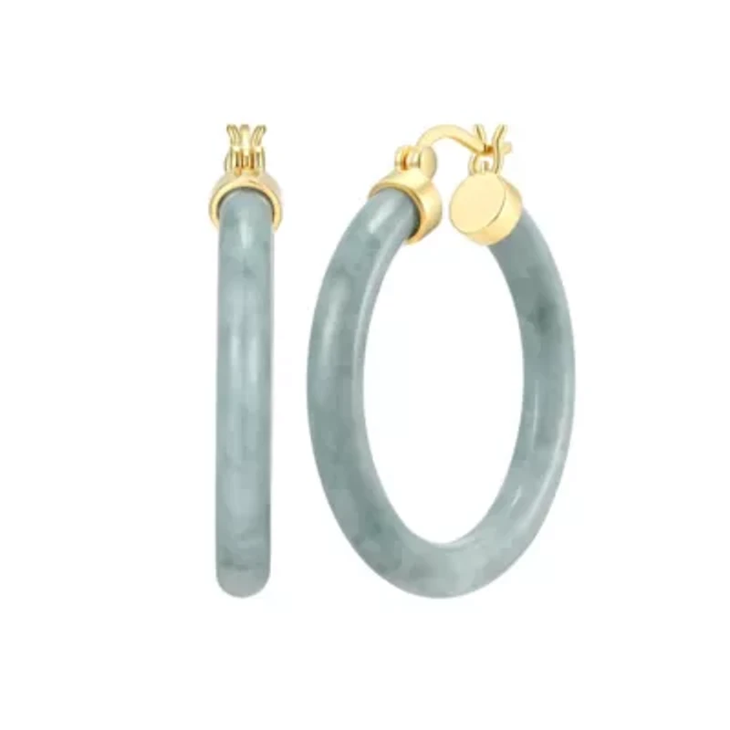 18k Yellow Gold Plated Sterling Silver Carved Genuine Green Jade 32mm Hoop Earrings