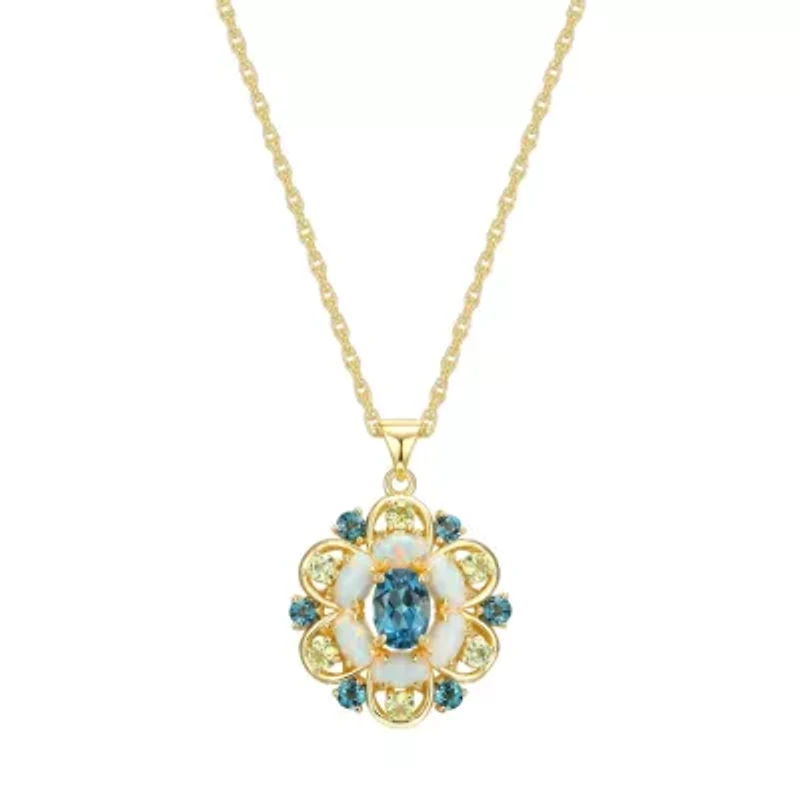 Genuine London Blue Topaz, Created Opal and Genuine Peridot Pendant in 18K Gold-plated Sterling Silver