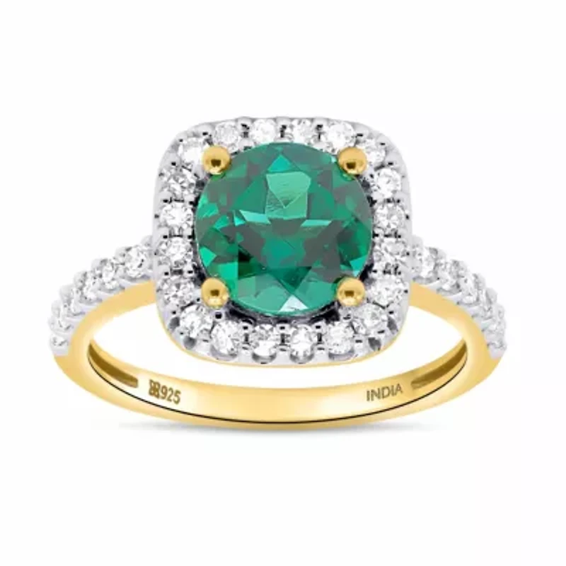 Lab Created 8.00 MM Round Emerald and 3/8CTTW Grown Diamond Ring.