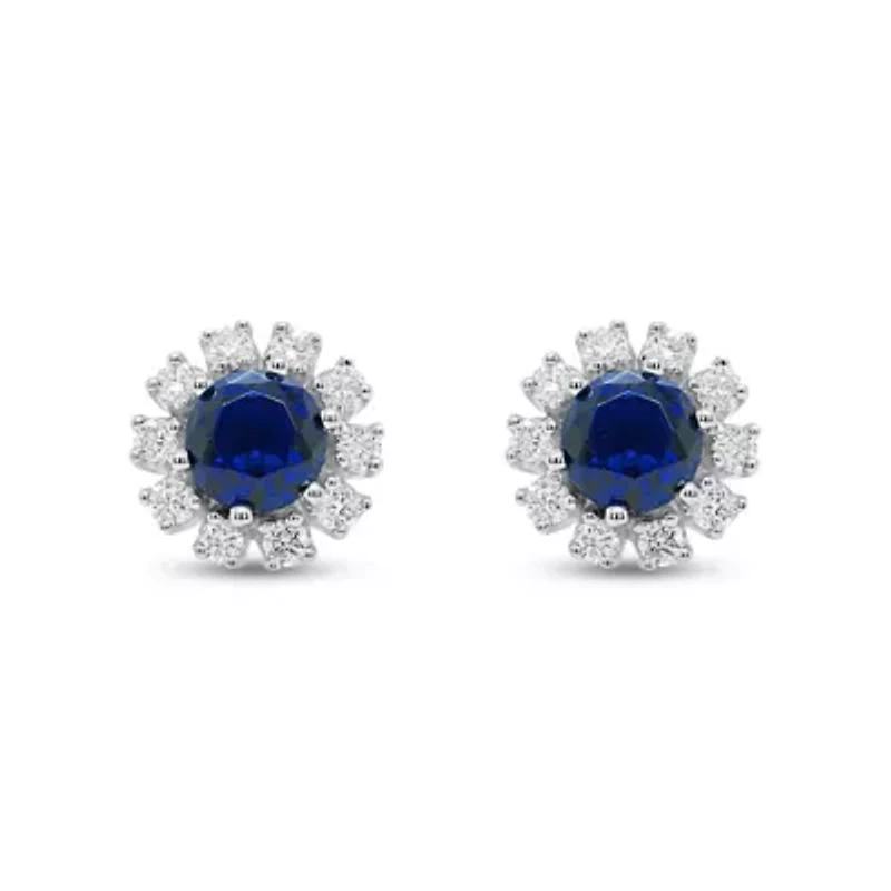 Lab Created 5.00 MM Round Created Blue Sapphire and 1/2CTTW Lab Grown Diamond Earrings.