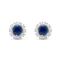 Lab Created 5.00 MM Round Created Blue Sapphire and 1/2CTTW Lab Grown Diamond Earrings.