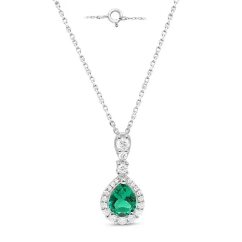 Lab Created 8X6 MM Pear Created Emerald and 1/3CTTW Lab Grown Diamond Pendant W/Chain.