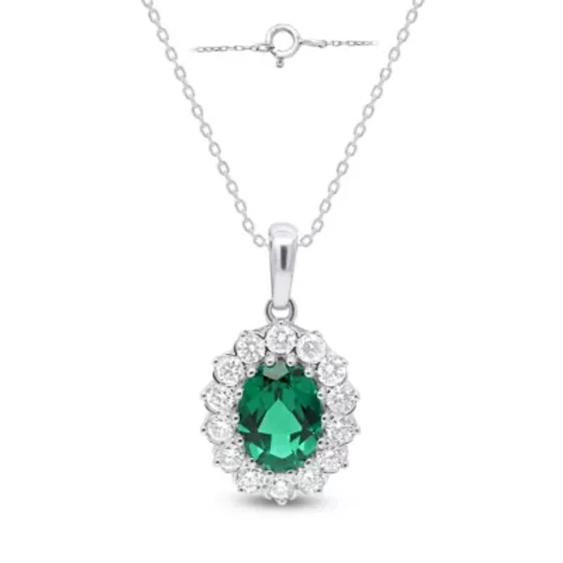 Lab Created 8X6 MM Oval Created Emerald and 1/2CTTW Lab Grown Diamond Pendant W/Chain.