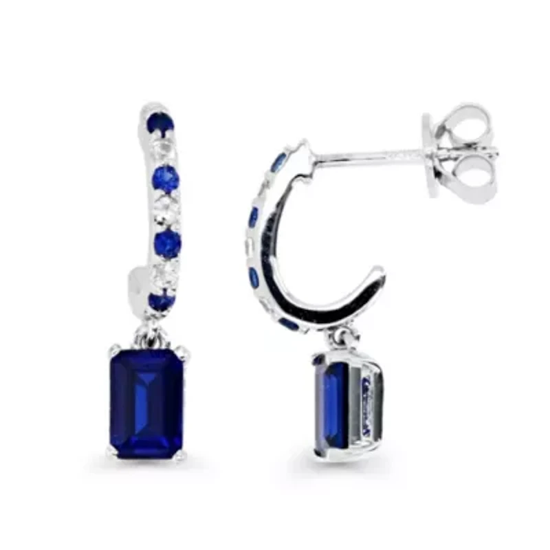 Sterling Silver Rhodium Oct Created Blue Sapphire and  Created White Sapphire Drop Earring