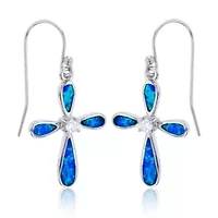 Lab Created Sterling Silver Rhodium Created Blue Opal with Center CZ Pinched Cross Dangling Fish-Hook Earring