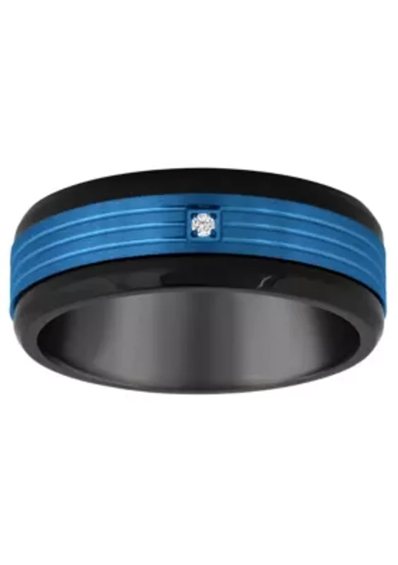 Men's Blue and Black Ion-Plated Stainless Steel Cubic Zirconia Wedding Band