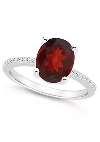 Sterling Silver 10x8mm Oval Garnet 1/10 CTTW Diamond Ring