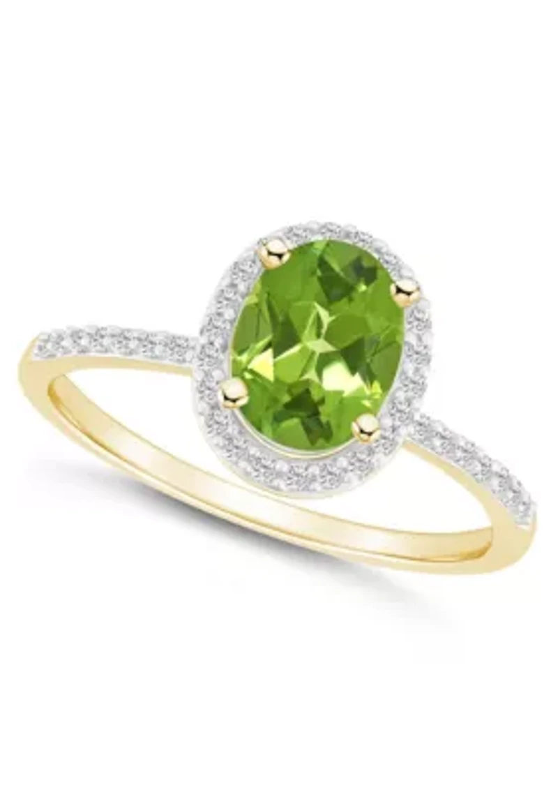 10K Yellow Gold 8x6mm Oval Peridot And Created White Sapphire Halo Ring