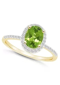 10K Yellow Gold 8x6mm Oval Peridot And Created White Sapphire Halo Ring