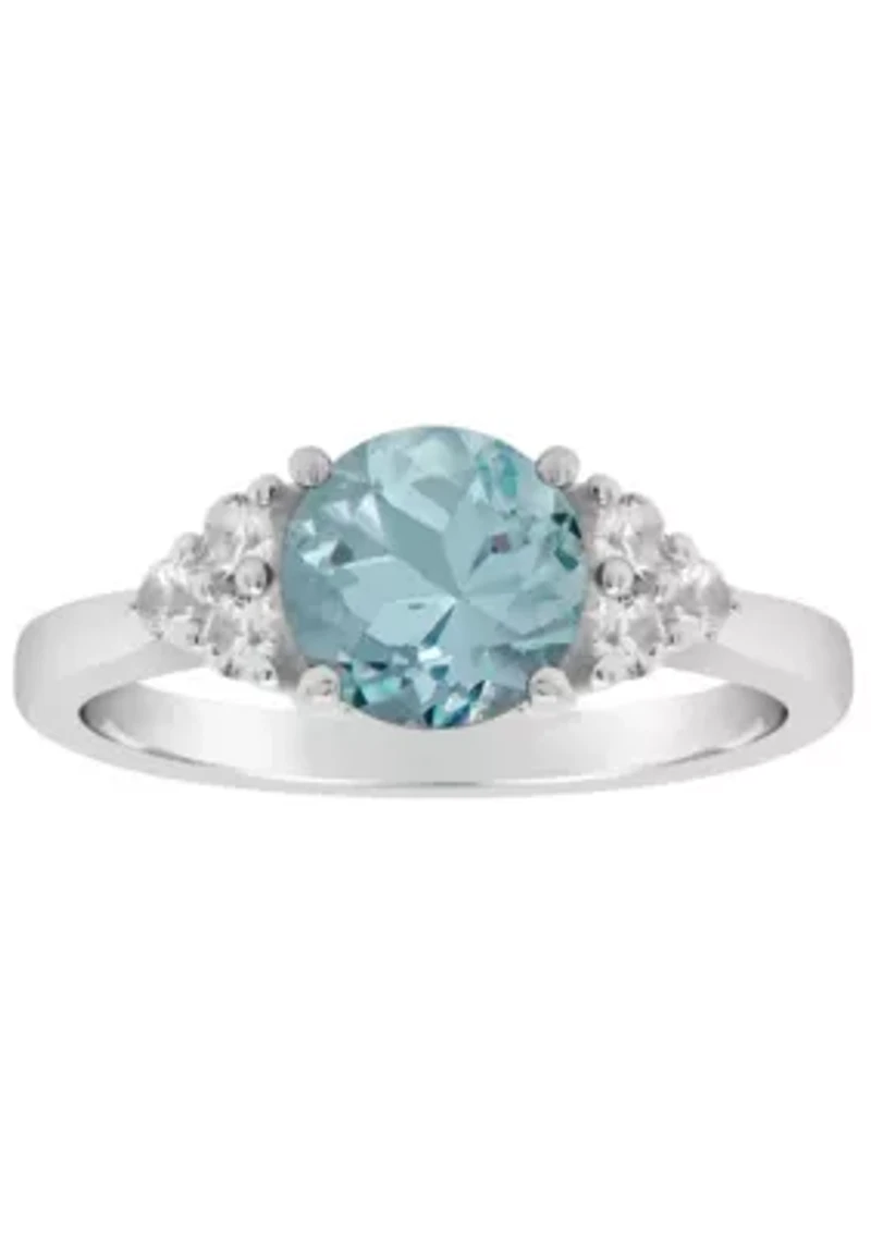 Lab Created Sterling Silver 7mm Round Simulated Aquamarine And White Sapphire Ring