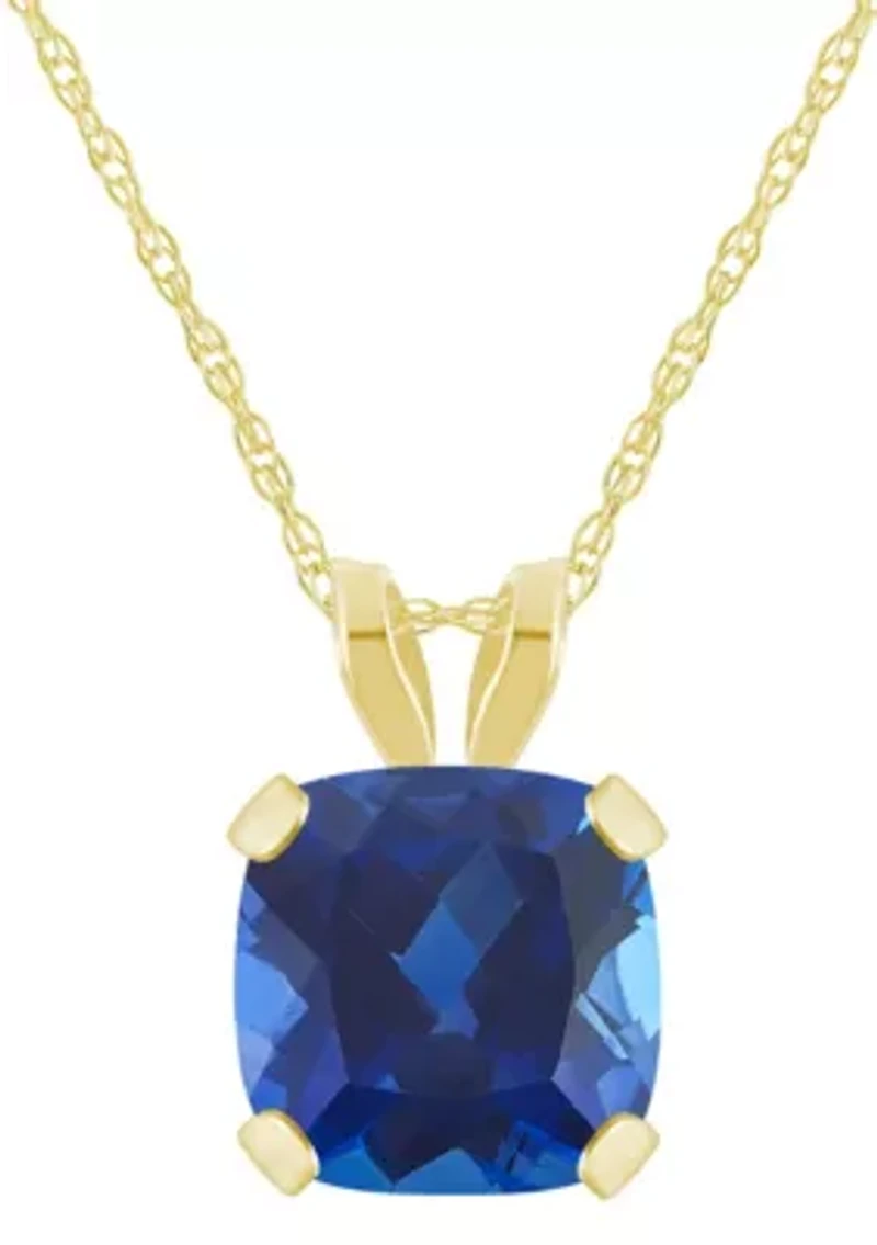 Lab Created 10K Yellow Gold 6mm Cushion Sapphire Pendant Necklace