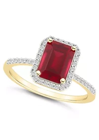 Lab Created 10K Yellow Gold 8x6mm Emerald Cut Ruby & White Sapphire Halo Ring