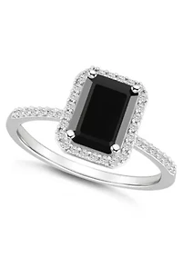 10K White Gold 8x6mm Emerald Cut Black Onyx & Created Sapphire Halo Ring