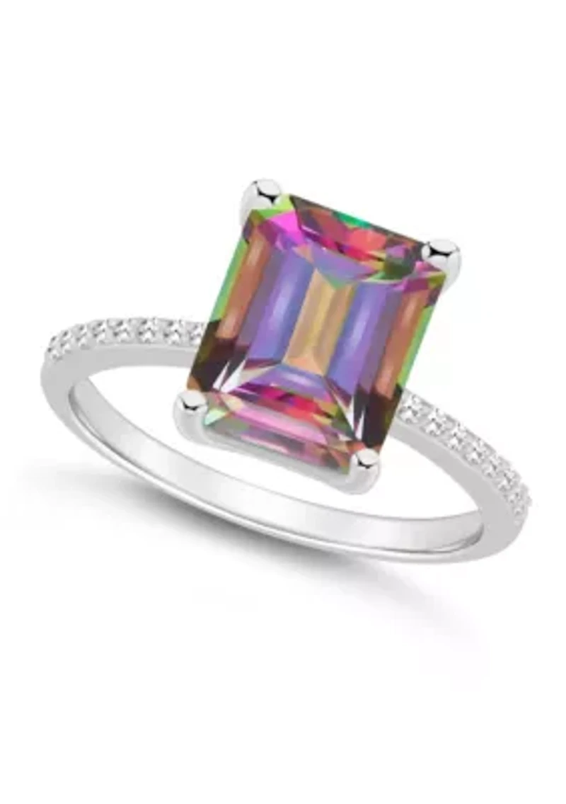 Sterling Silver 10x8mm Emerald Cut Mystic Topaz 1/10 CTTW Diamond Ring