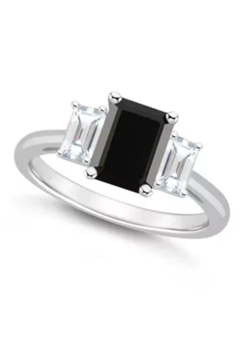 Sterling Silver 8x6mm Emerald Cut Black Onyx & White Topaz 3-Stone Ring