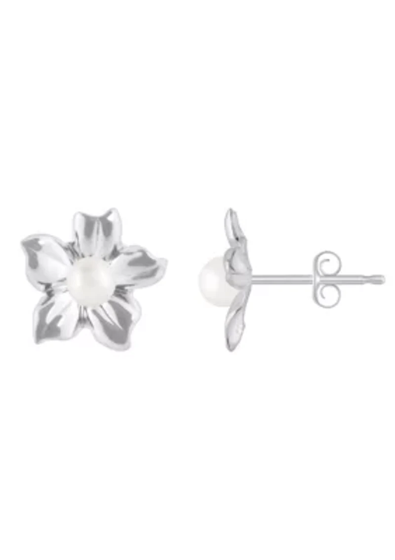 10K Gold 4mm Round Pearl Hibiscus Flower Earrings