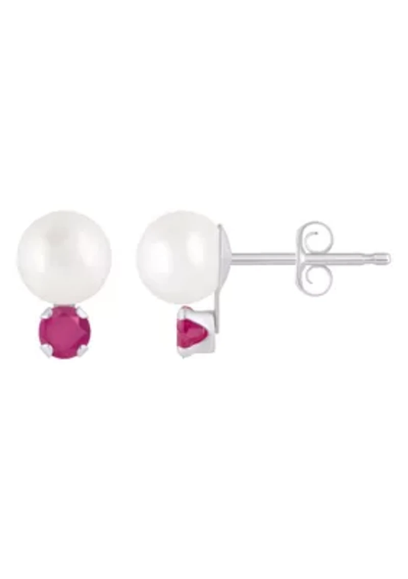 10K Gold 5mm Round Pearl with Ruby Accents Earrings
