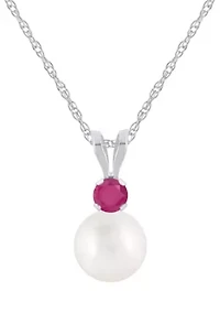 10K Gold 6mm Round Pearl with Ruby Accent Pendant Necklace