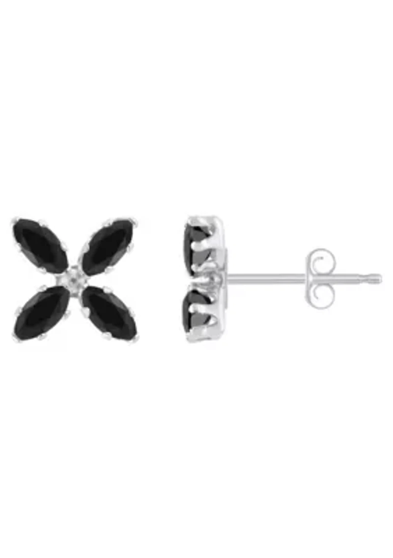 10K Gold 4x2mm Marquise Black Onyx Flower Stud Earrings