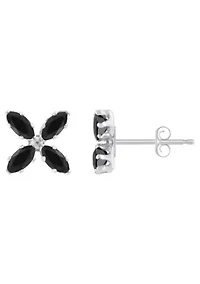 10K Gold 4x2mm Marquise Black Onyx Flower Stud Earrings