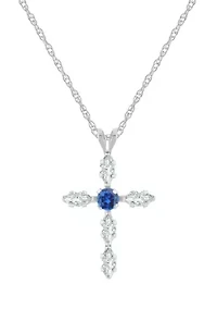 Lab Created 10K Gold 3mm Round Sapphire & White Cross Pendant Necklace