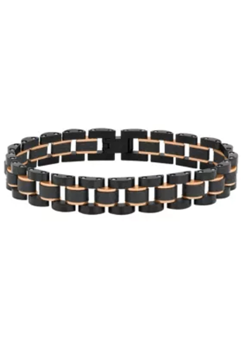 Men's Black and Rose Ion-Plated Stainless Steel and Carbon Fiber Two-Tone Bracelet