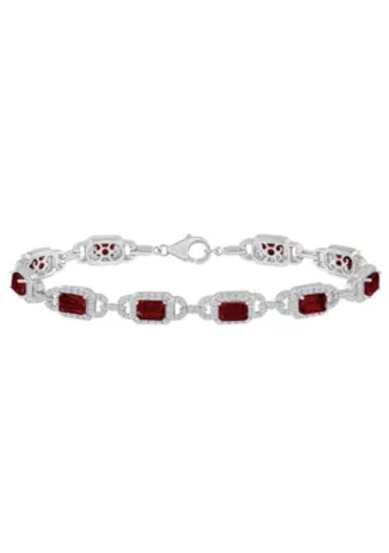 Sterling Silver 6x4mm Emerald Cut Garnet and White Topaz Accent Bracelet
