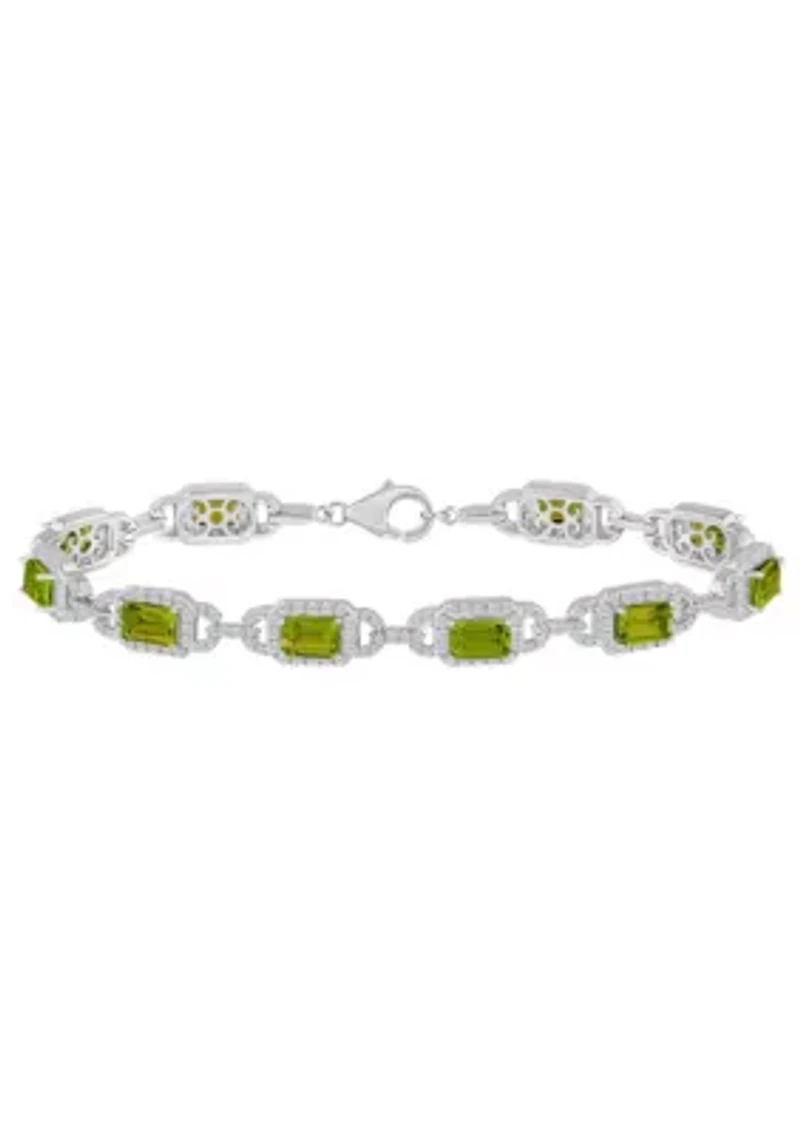 Sterling Silver 6x4mm Emerald Cut Peridot and White Topaz Accent Bracelet