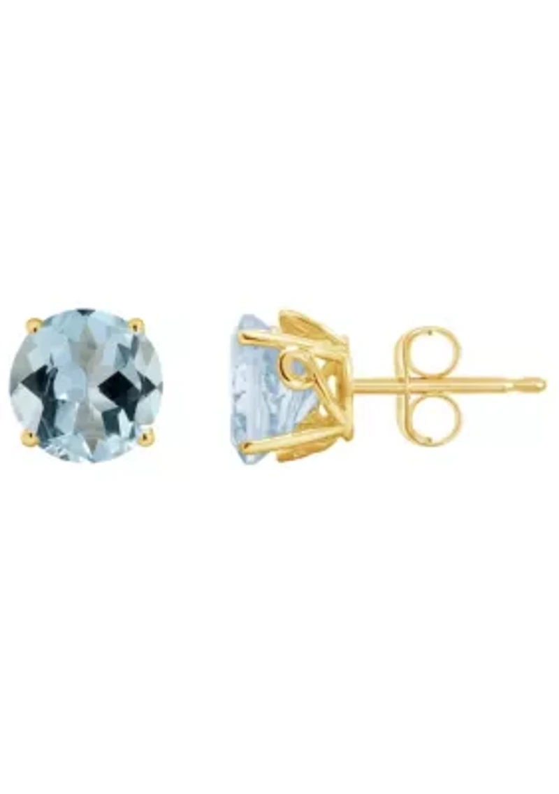 14K Yellow Gold 7mm Round Aquamarine Stud Earrings