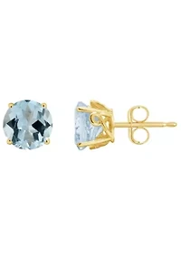 14K Yellow Gold 7mm Round Aquamarine Stud Earrings