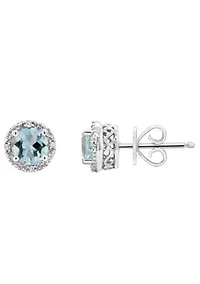 Sterling Silver 5mm Round Aquamarine Diamond Accent Halo Stud Earrings