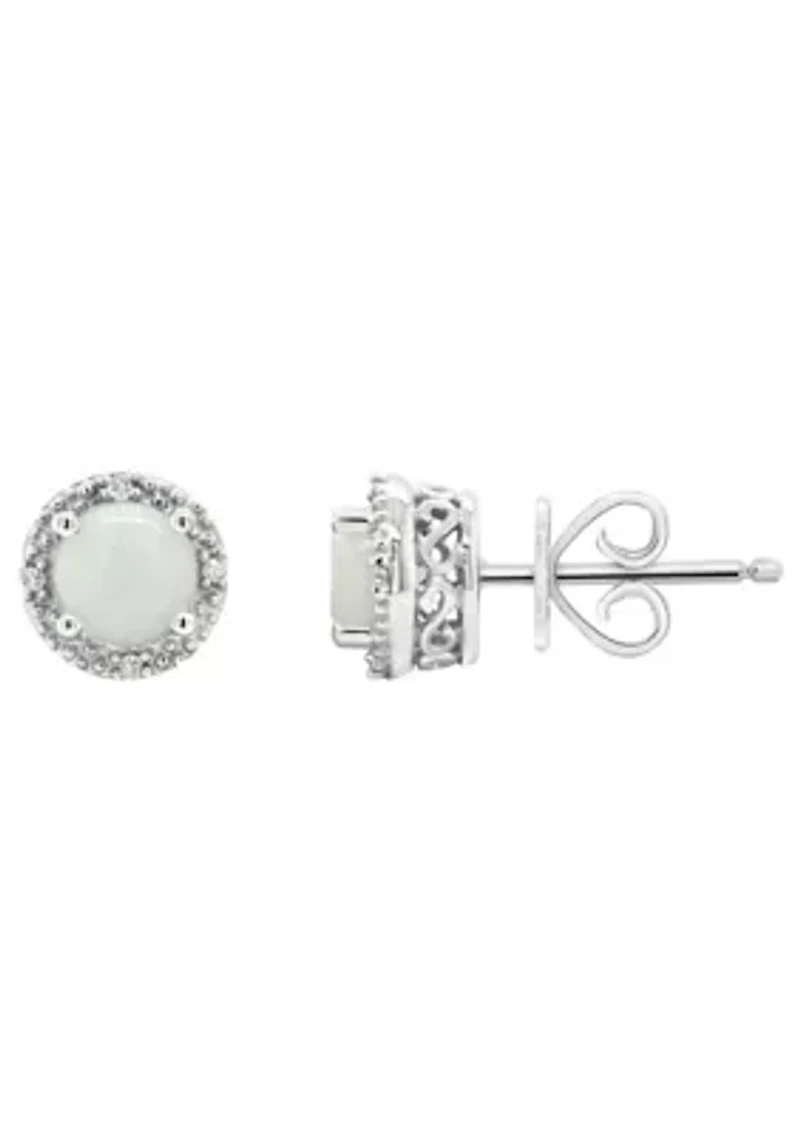 Sterling Silver 5mm Round Opal Diamond Accent Halo Stud Earrings