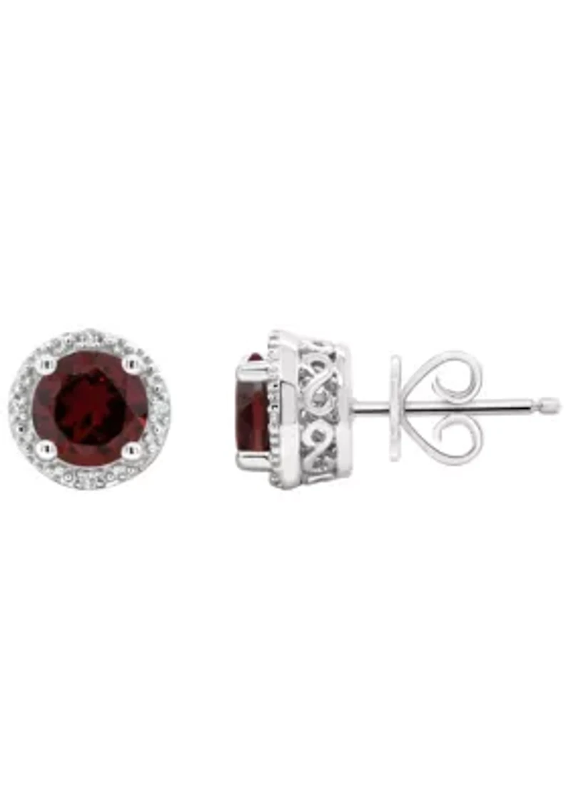 Sterling Silver 6mm Round Garnet Diamond Accent Halo Stud Earrings