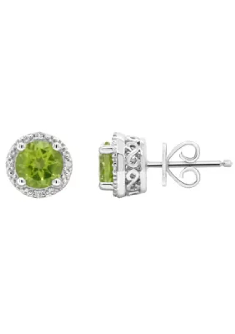 Sterling Silver 6mm Round Peridot Diamond Accent Halo Stud Earrings