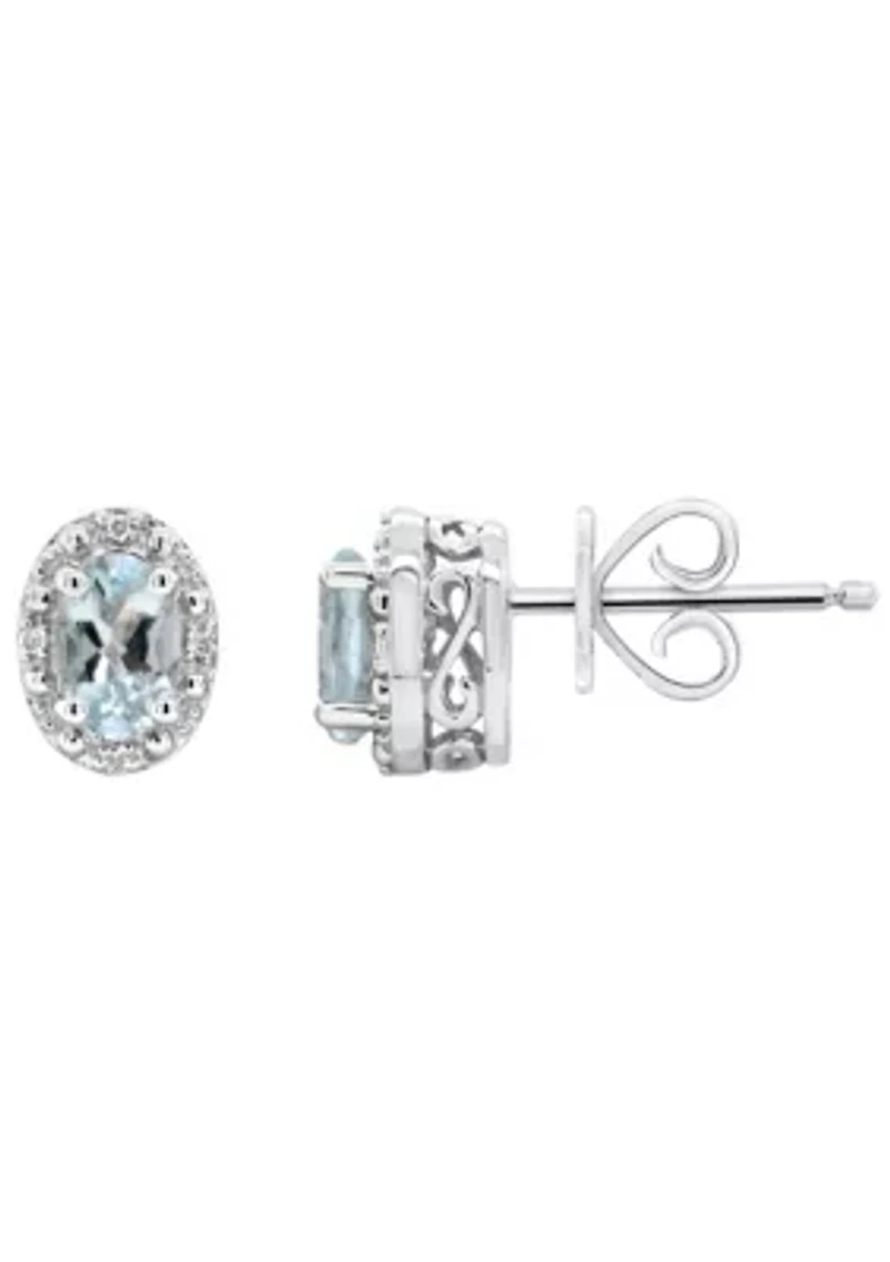Sterling Silver 6x4mm Oval Aquamarine Diamond Accent Halo Stud Earrings