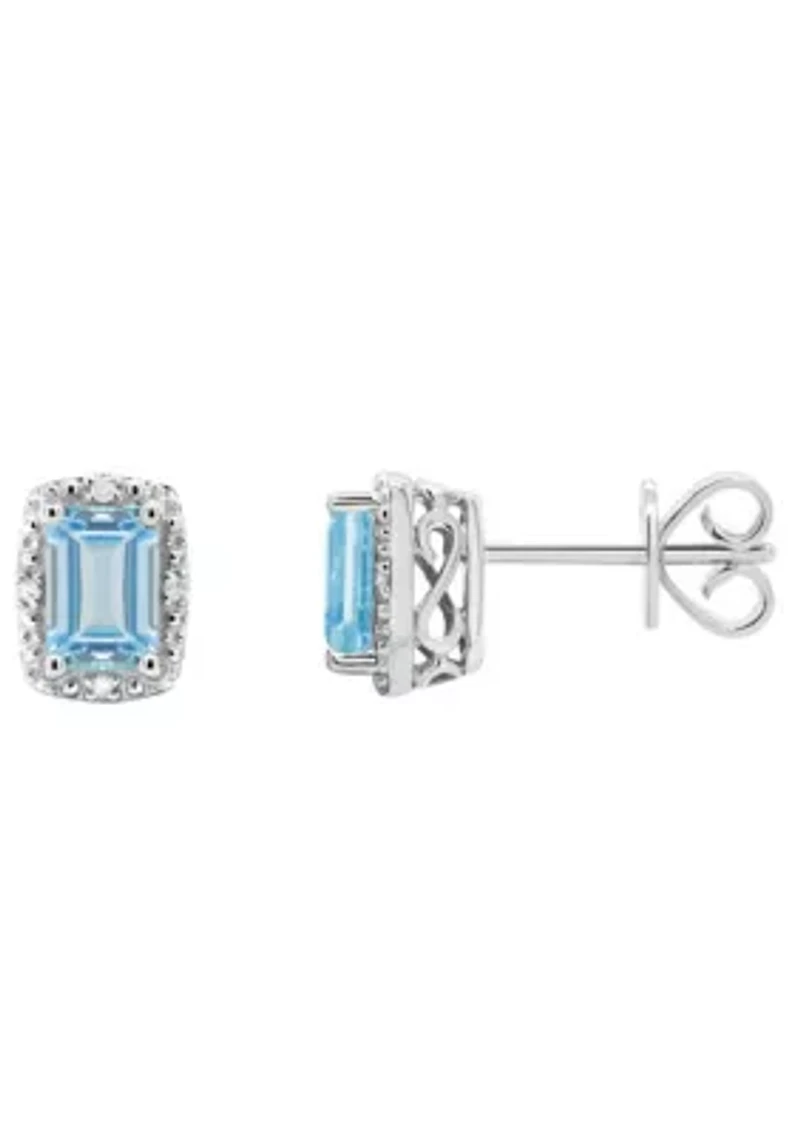 Sterling Silver 6x4mm Emerald Cut Aquamarine Diamond Accent Halo Stud Earrings