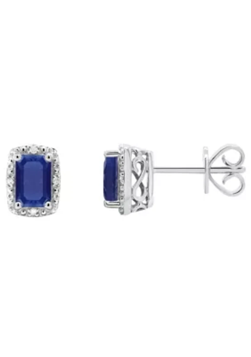 Sterling Silver 6x4mm Emerald Cut Sapphire Diamond Accent Halo Stud Earrings
