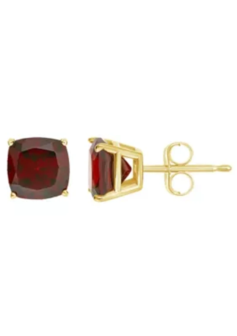 14K Yellow Gold 6mm Cushion Garnet Stud Earrings