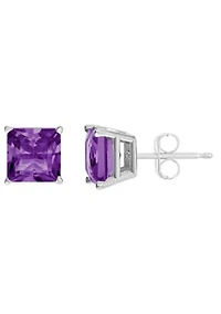 Sterling Silver 6mm Princess Cut Amethyst Stud Earrings