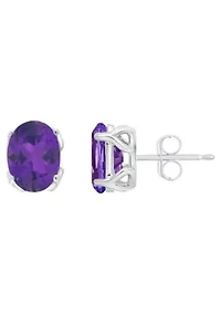 Sterling Silver 8x6mm Oval Amethyst Stud Earrings