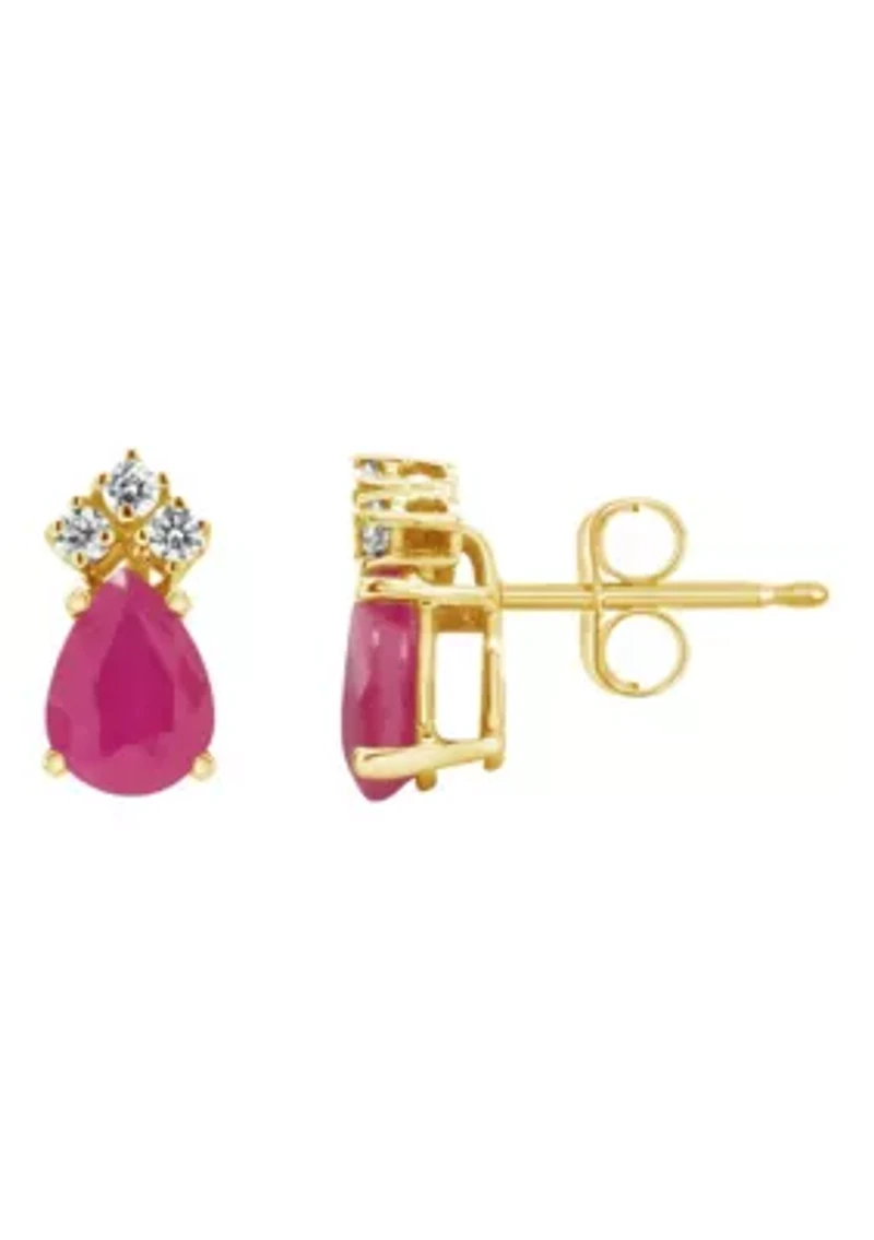 14K Gold 6x4 Pear Shape Ruby 1/8 Cttw Diamond Earrings