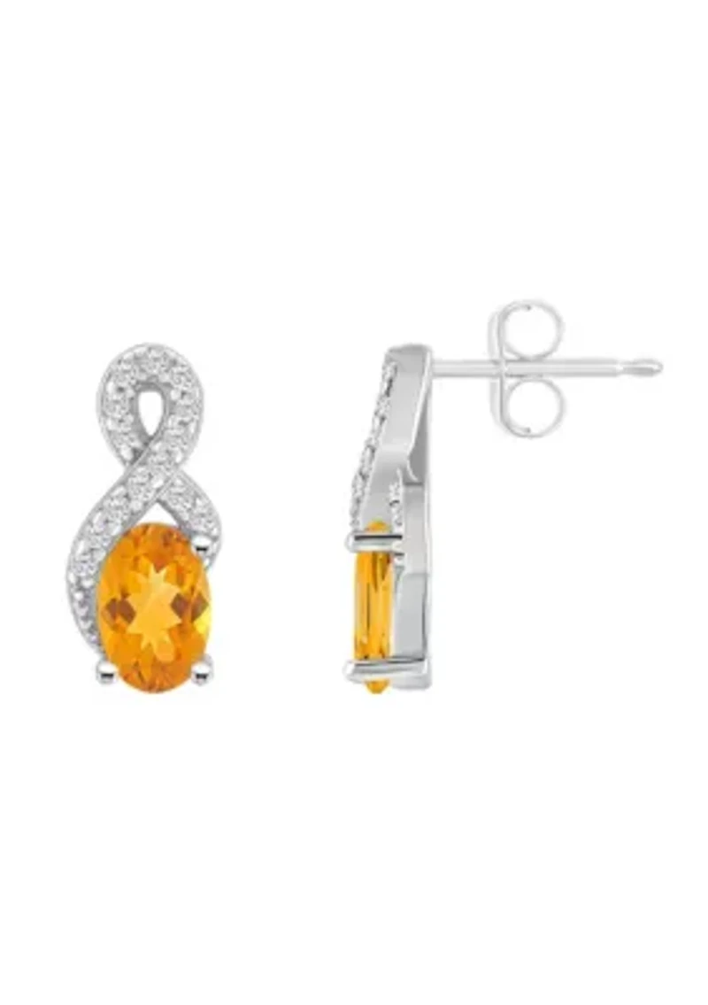 Sterling Silver 6x4mm Oval Citrine and White Topaz Accent Earrings