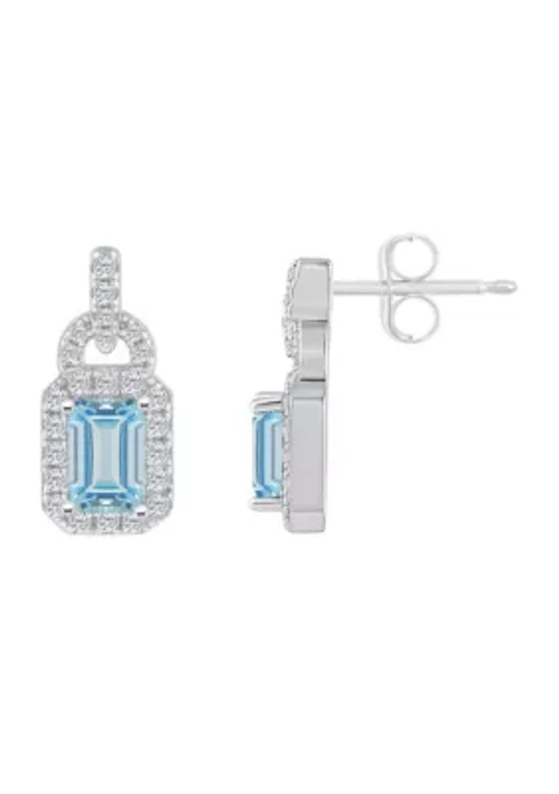 Sterling Silver 6x4mm Emerald Cut Sky Blue Topaz and White Topaz Accent Earrings