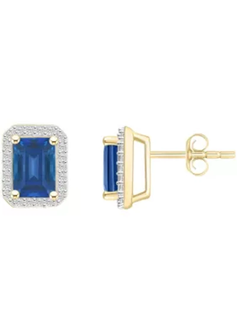 Lab Created 10K Yellow Gold 7x5mm Emerald Cut Created Sapphire & Created White Sapphire Halo Stud Earrings