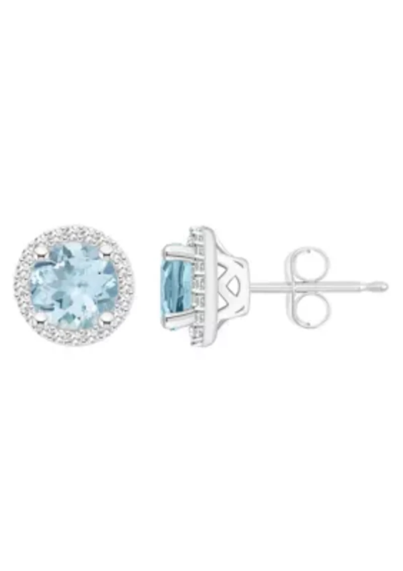 Sterling Silver 6mm Round Aquamarine 1/5 CTTW Diamond Halo Stud Earrings
