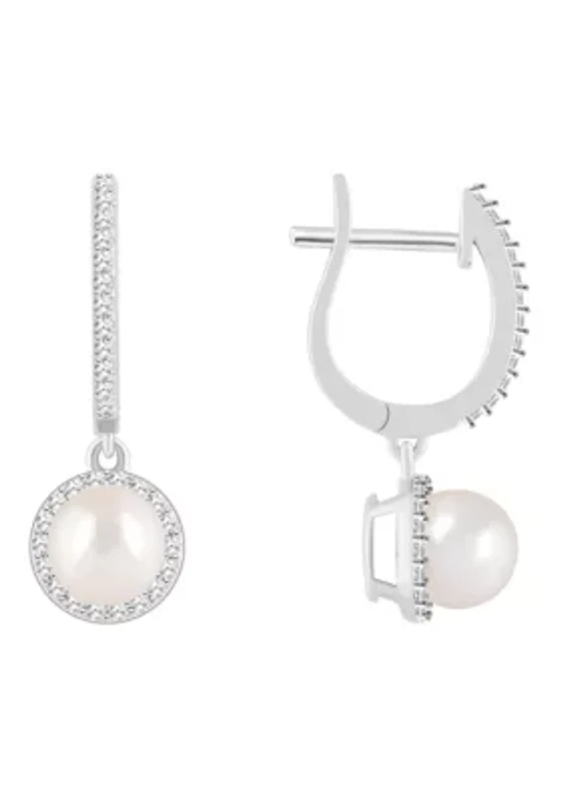 Sterling Silver 6mm Round Pearl 1/3 CTTW Diamond Huggie Hoop Drop Earrings