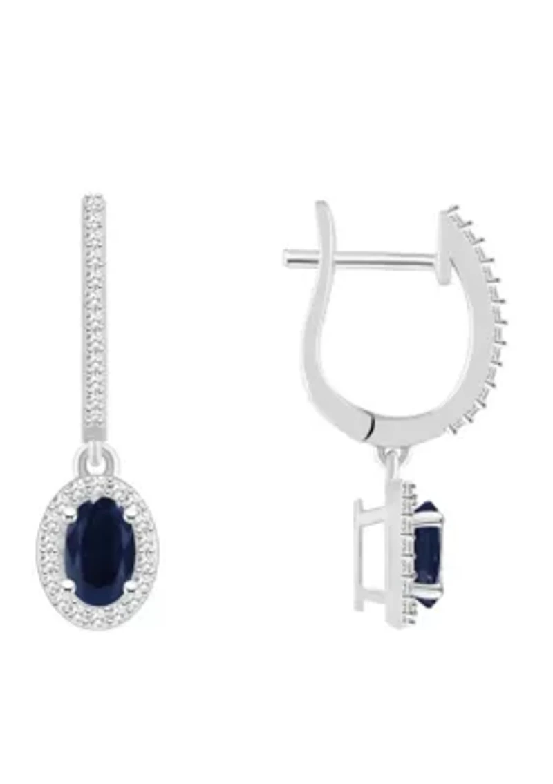 Sterling Silver 6x4mm Oval Sapphire 1/3 CTTW Diamond Huggie Hoop Drop Earrings