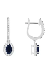 Sterling Silver 6x4mm Oval Sapphire 1/3 CTTW Diamond Huggie Hoop Drop Earrings