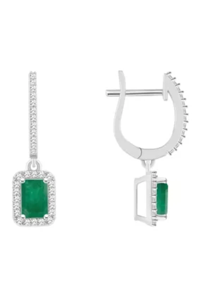 Sterling Silver 6x4mm Emerald Cut Emerald 1/3 CTTW Diamond Huggie Hoop Drop Earrings