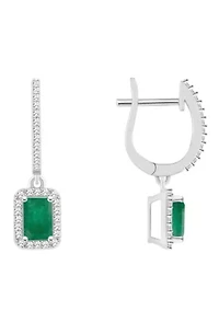 Sterling Silver 6x4mm Emerald Cut Emerald 1/3 CTTW Diamond Huggie Hoop Drop Earrings
